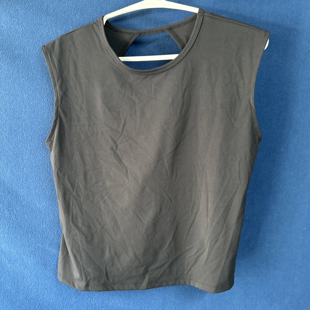Calia Women’s Black Cropped Tank Top L Open Back Stretch Nylon/Spandex Yoga Gym